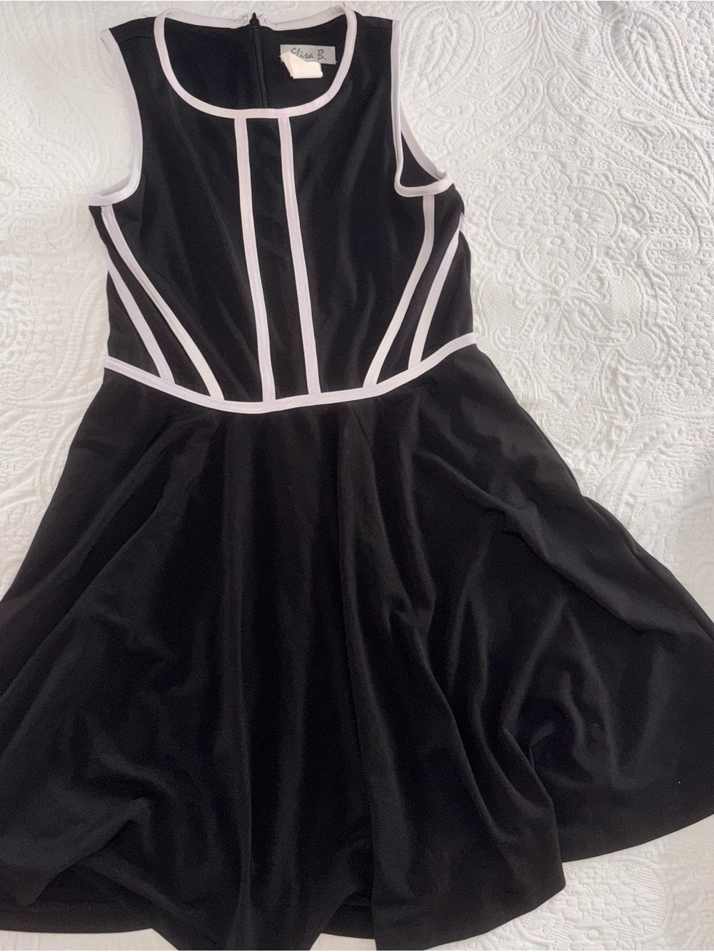 Elisa B. Black swing dress, white detail, classic girl 16